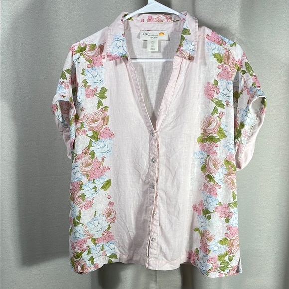 C&C California Floral Linen Shirt vintage table cloth print - Picture 1 of 4
